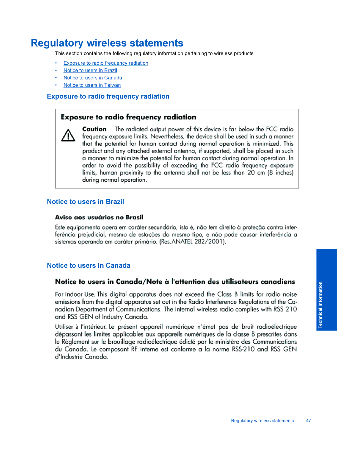 HP 5514 E- CQ183A#B1H, 5510 B111A CQ176A#1BH manual Regulatory wireless statements, Exposure to radio frequency radiation 