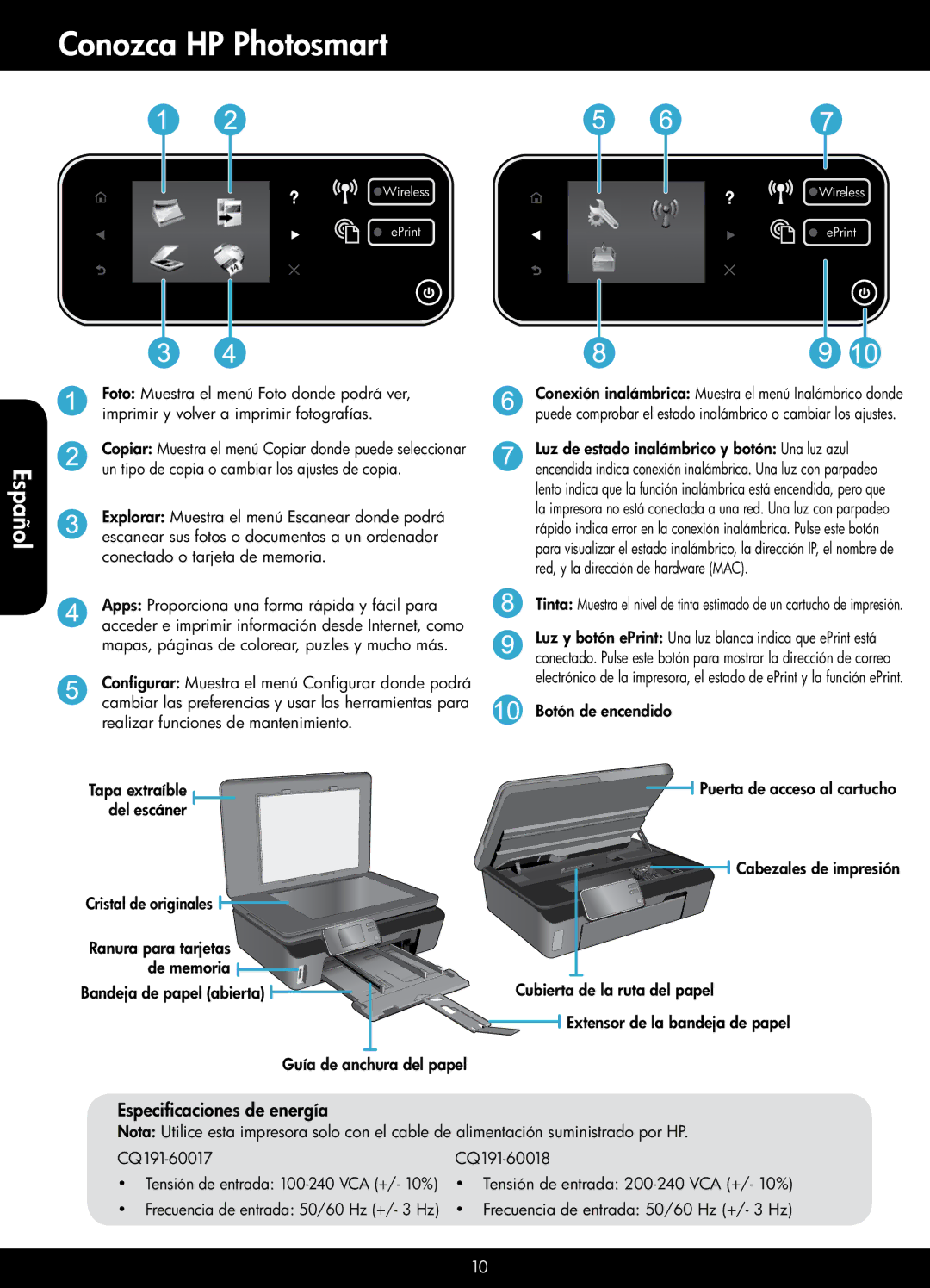 HP 5512 - B111a manual Conozca HP Photosmart, Especificaciones de energía 