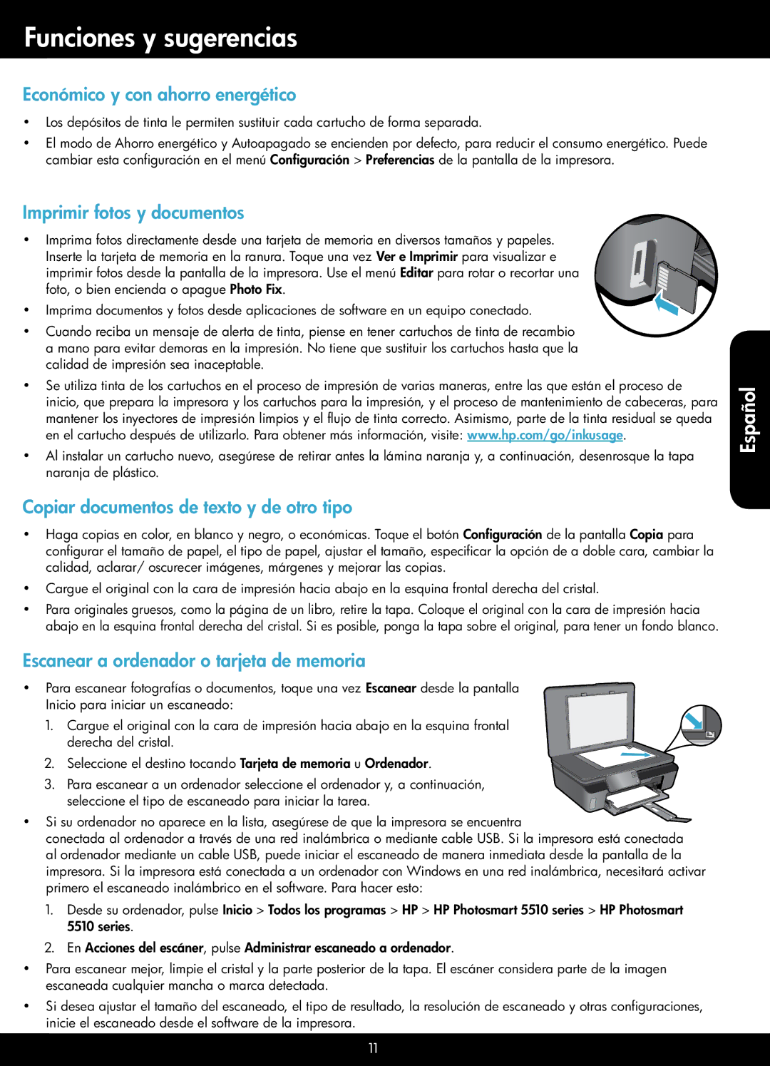 HP 5512 - B111a manual Funciones y sugerencias, Económico y con ahorro energético, Imprimir fotos y documentos 