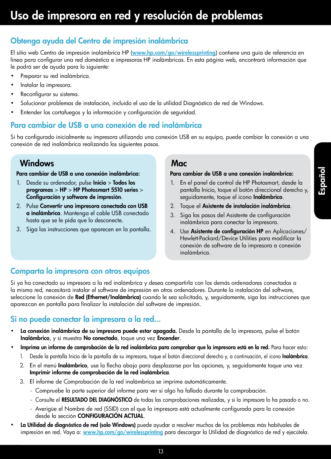 HP 5512 - B111a manual Uso de impresora en red y resolución de problemas, Obtenga ayuda del Centro de impresión inalámbrica 