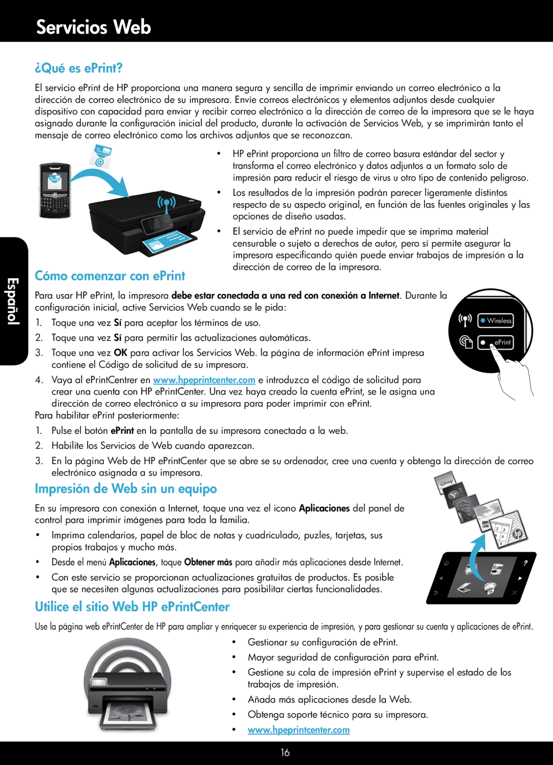 HP 5512 - B111a manual Servicios Web, ¿Qué es ePrint?, Cómo comenzar con ePrint, Impresión de Web sin un equipo 