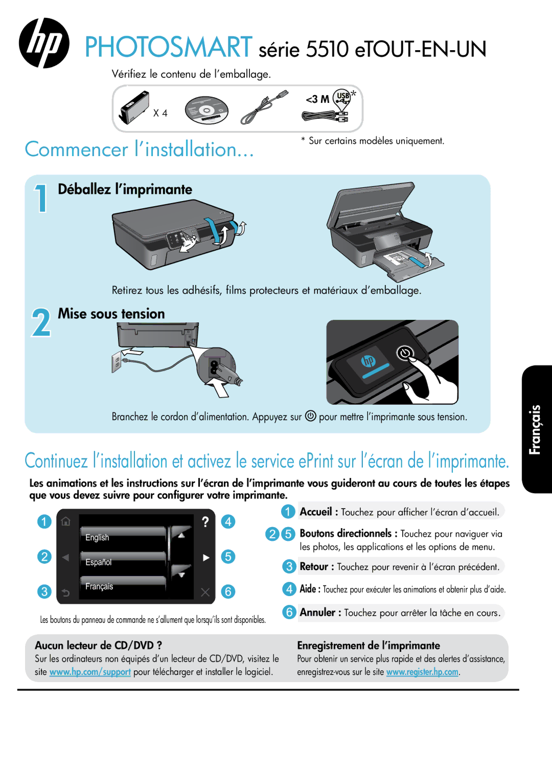 HP 5512 - B111a manual Vérifiez le contenu de l’emballage, Aucun lecteur de CD/DVD ? Enregistrement de l’imprimante 