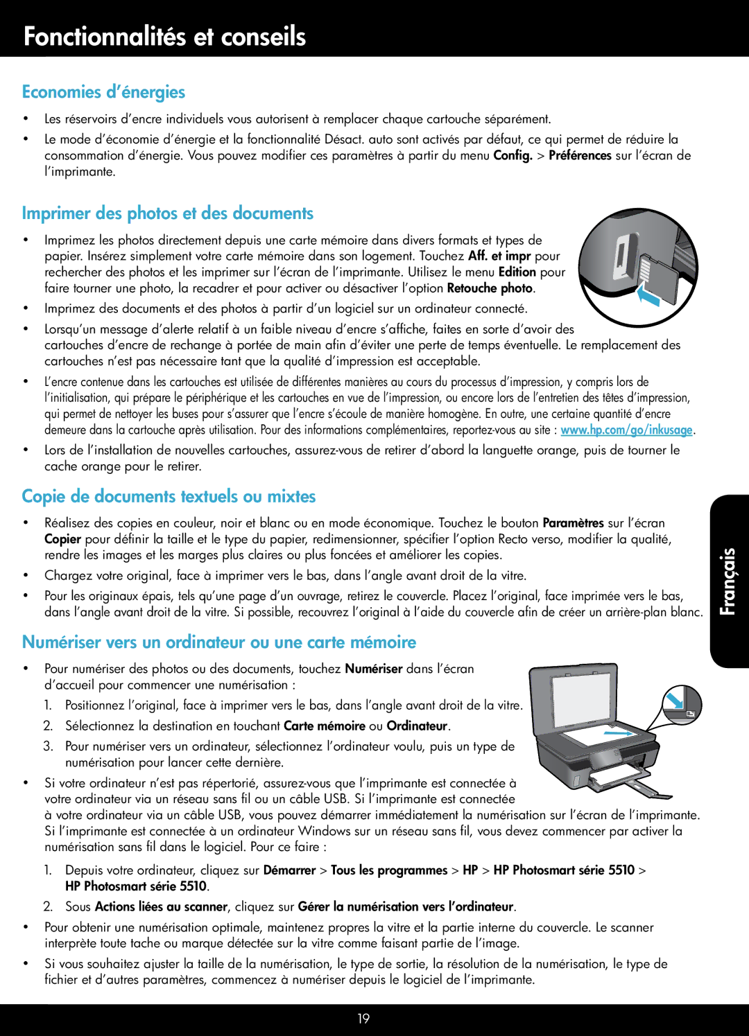 HP 5512 - B111a manual Fonctionnalités et conseils, Economies d’énergies, Imprimer des photos et des documents 