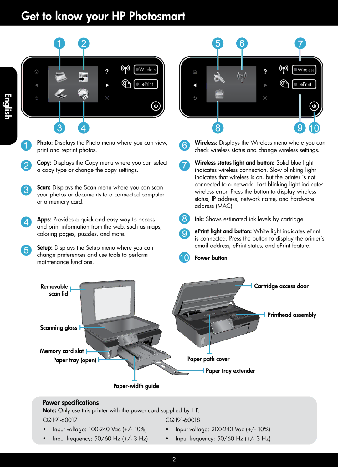 HP 5512 - B111a manual Get to know your HP Photosmart, Power specifications 