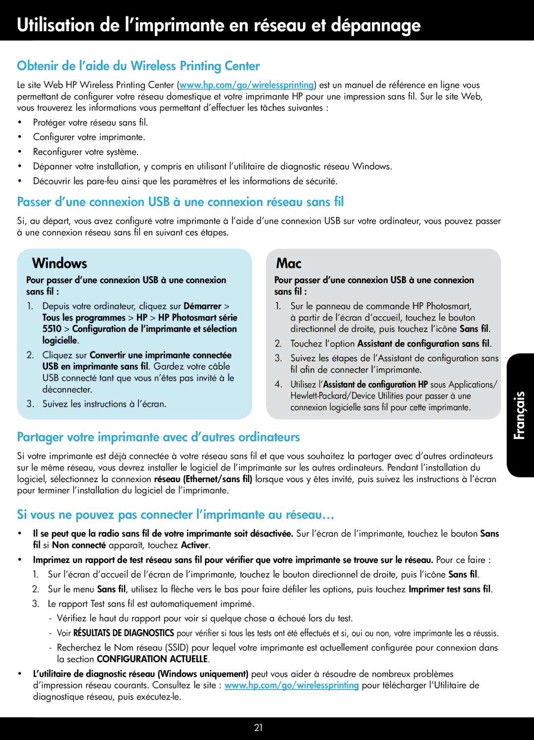 HP 5512 - B111a manual Utilisation de l’imprimante en réseau et dépannage, Obtenir de l’aide du Wireless Printing Center 