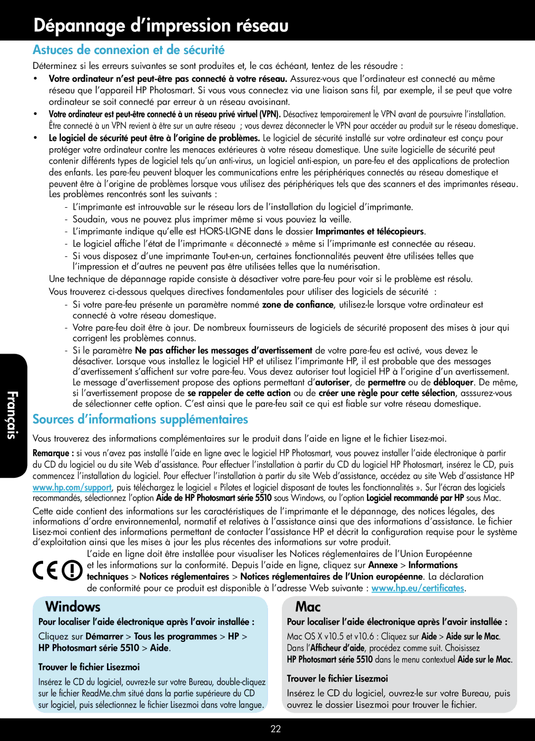 HP 5512 - B111a Dépannage d’impression réseau, Astuces de connexion et de sécurité, Sources d’informations supplémentaires 