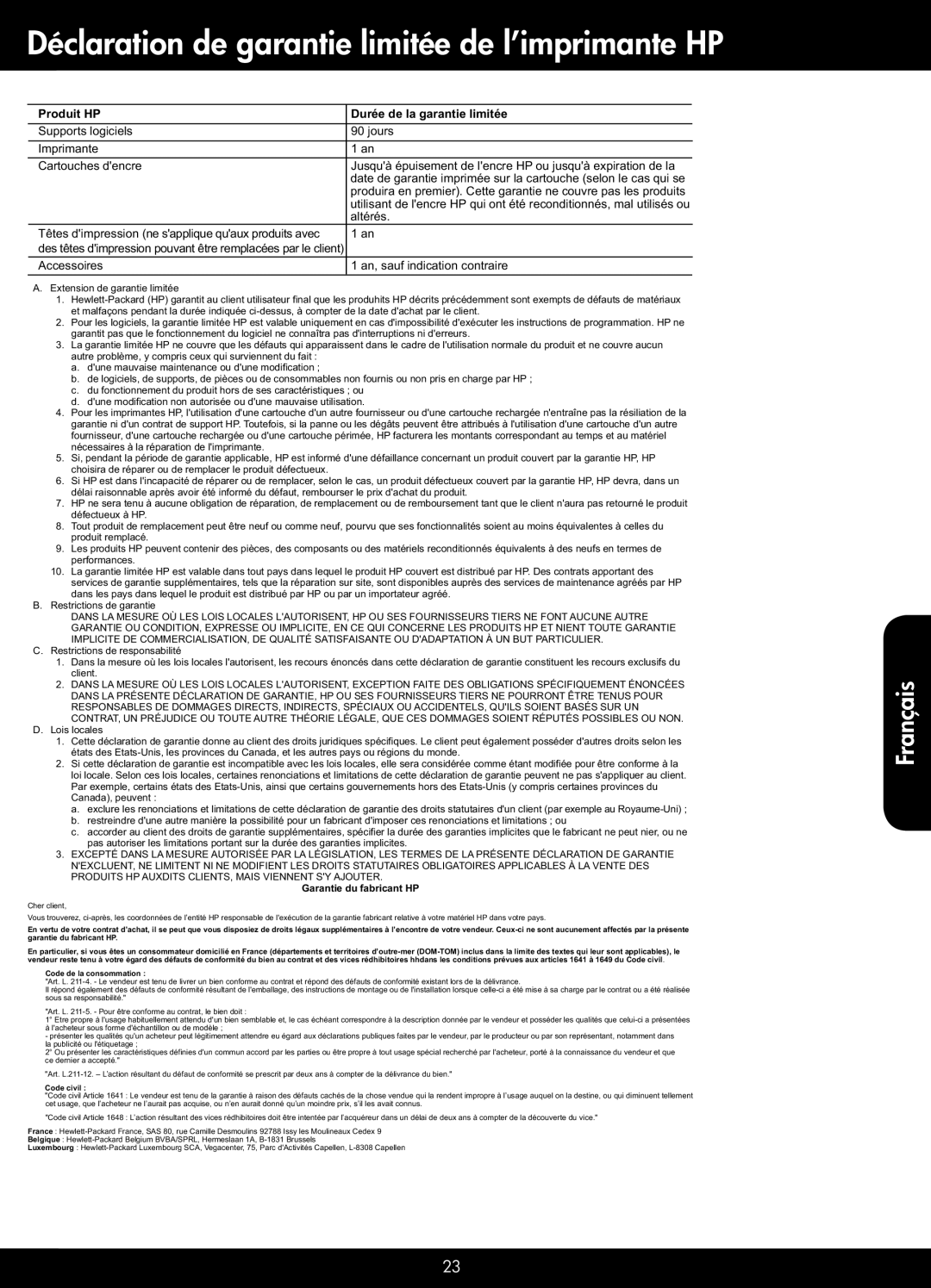 HP 5512 - B111a manual Déclaration de garantie limitée de l’imprimante HP, Produit HP Durée de la garantie limitée 