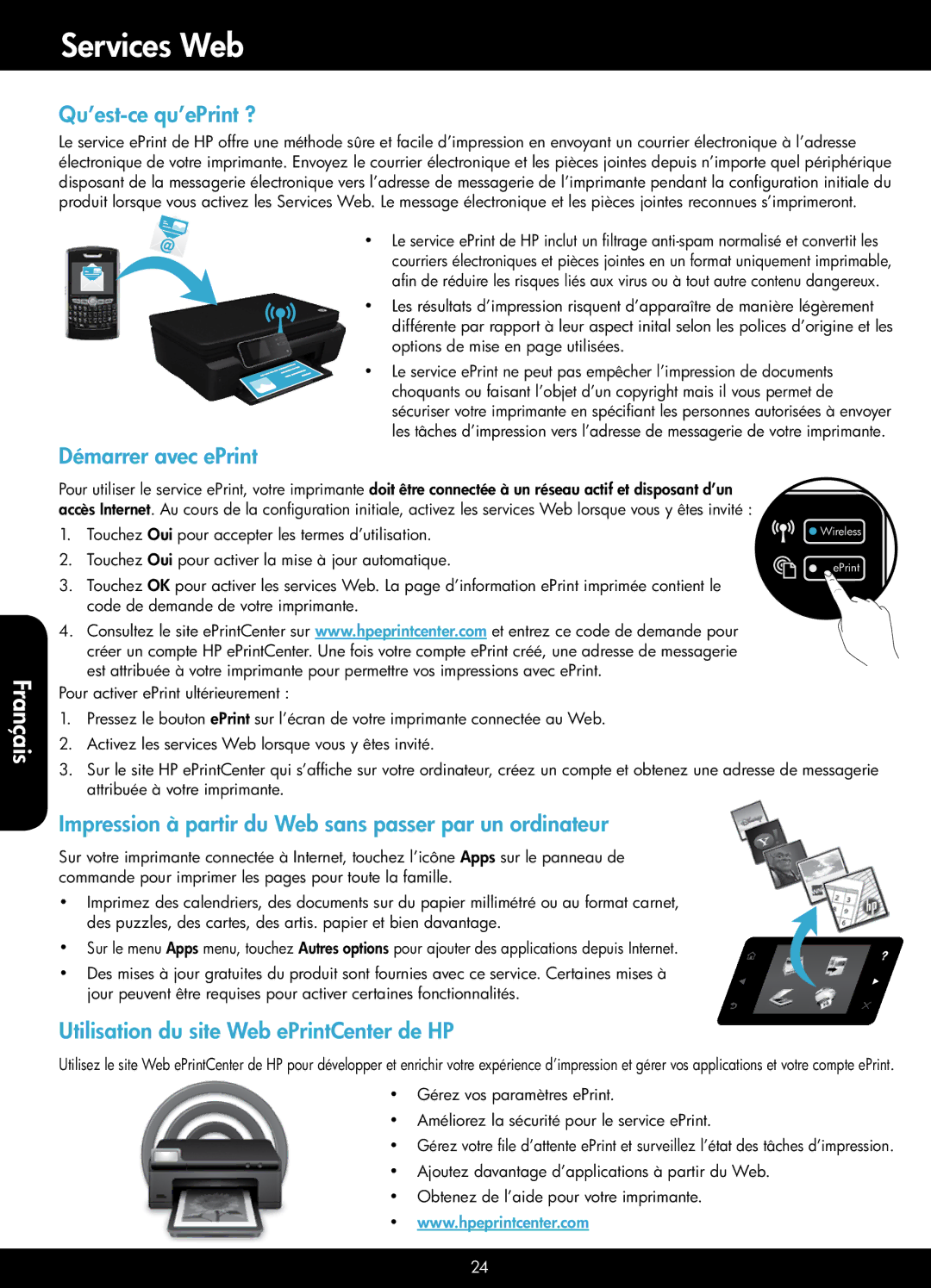 HP 5512 - B111a Services Web, Qu’est-ce qu’ePrint ?, Démarrer avec ePrint, Utilisation du site Web ePrintCenter de HP 