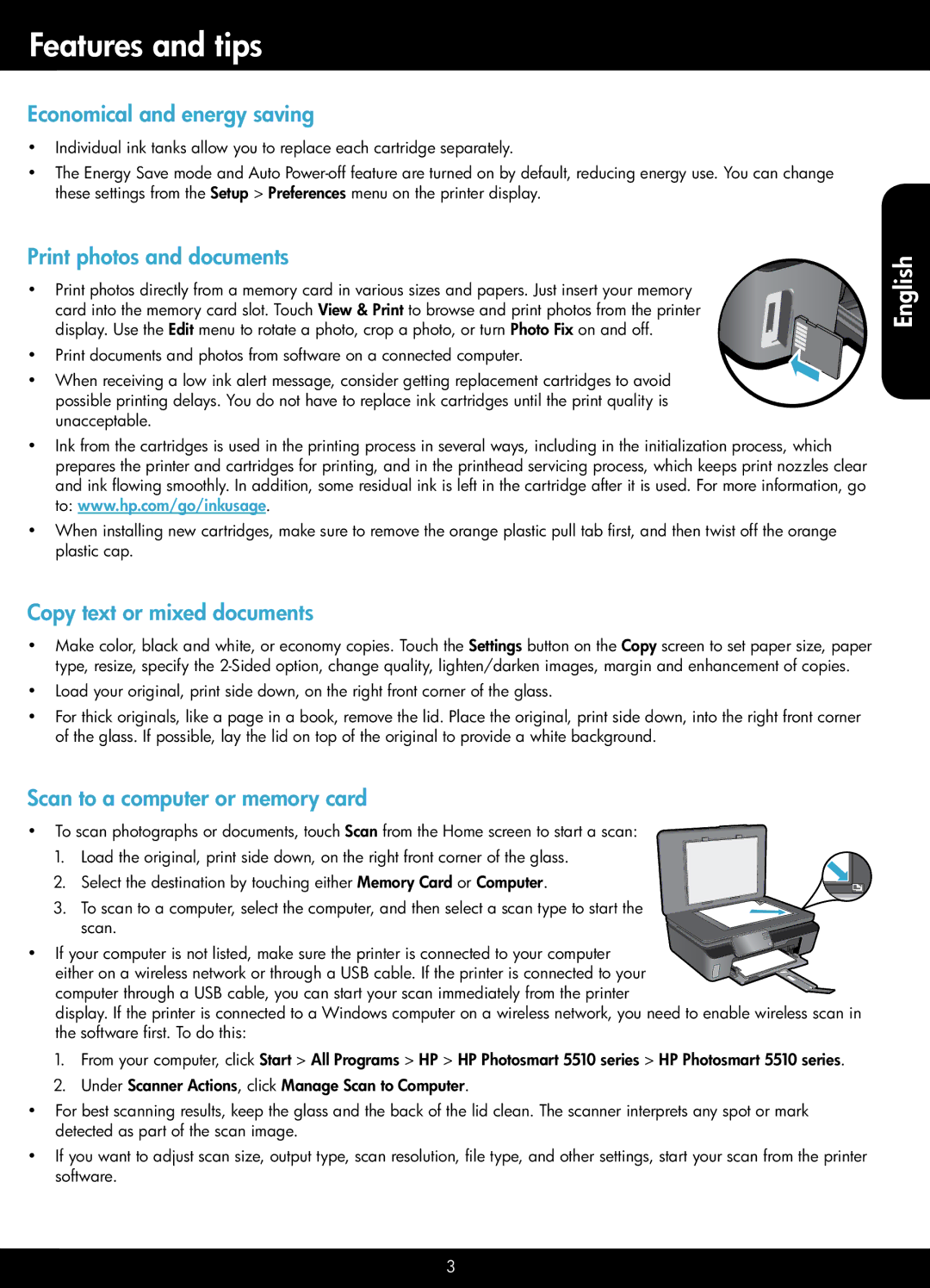 HP 5512 - B111a Features and tips, Economical and energy saving, Print photos and documents, Copy text or mixed documents 