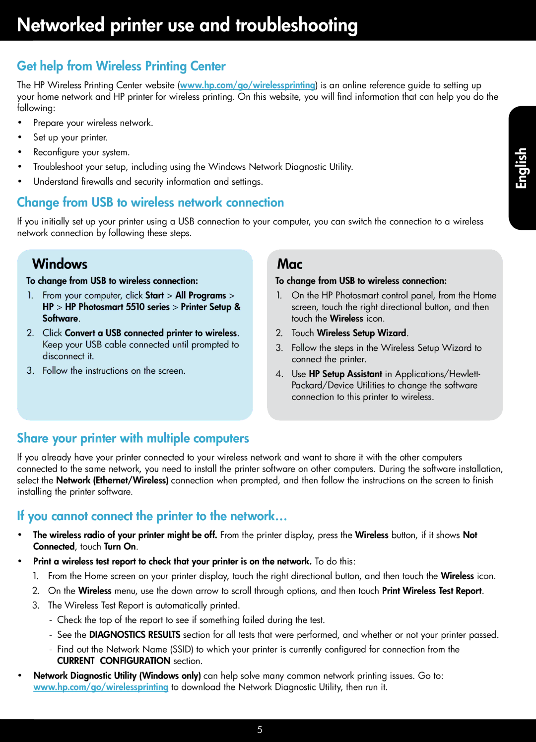 HP 5512 - B111a manual Networked printer use and troubleshooting, Get help from Wireless Printing Center 