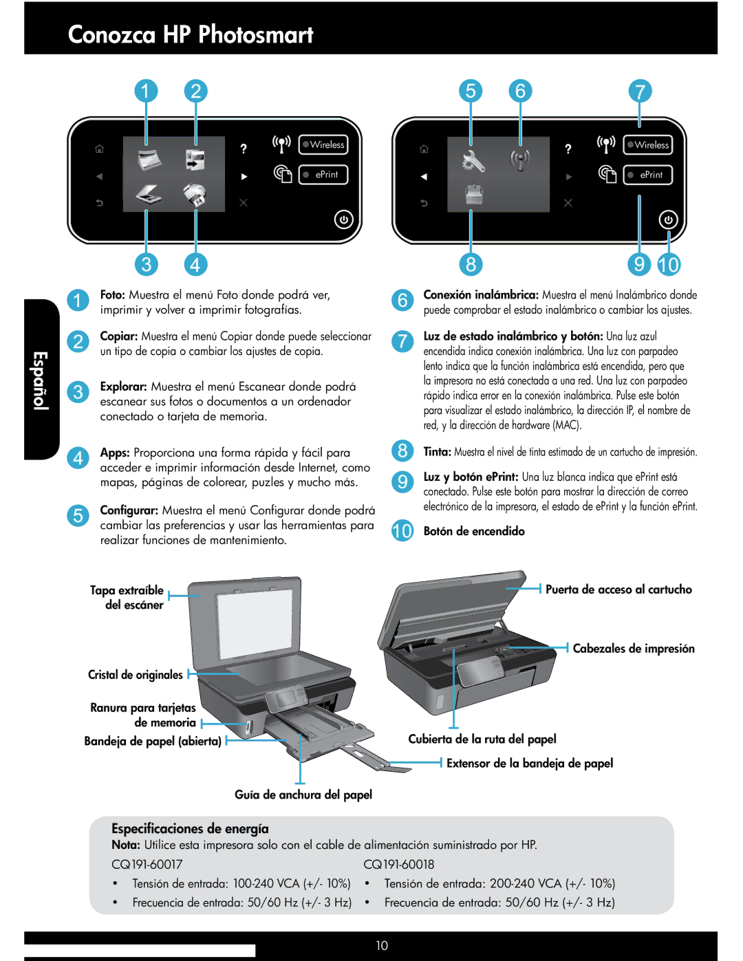 HP 5514 manual Conozca HP Photosmart, Especificaciones de energía 