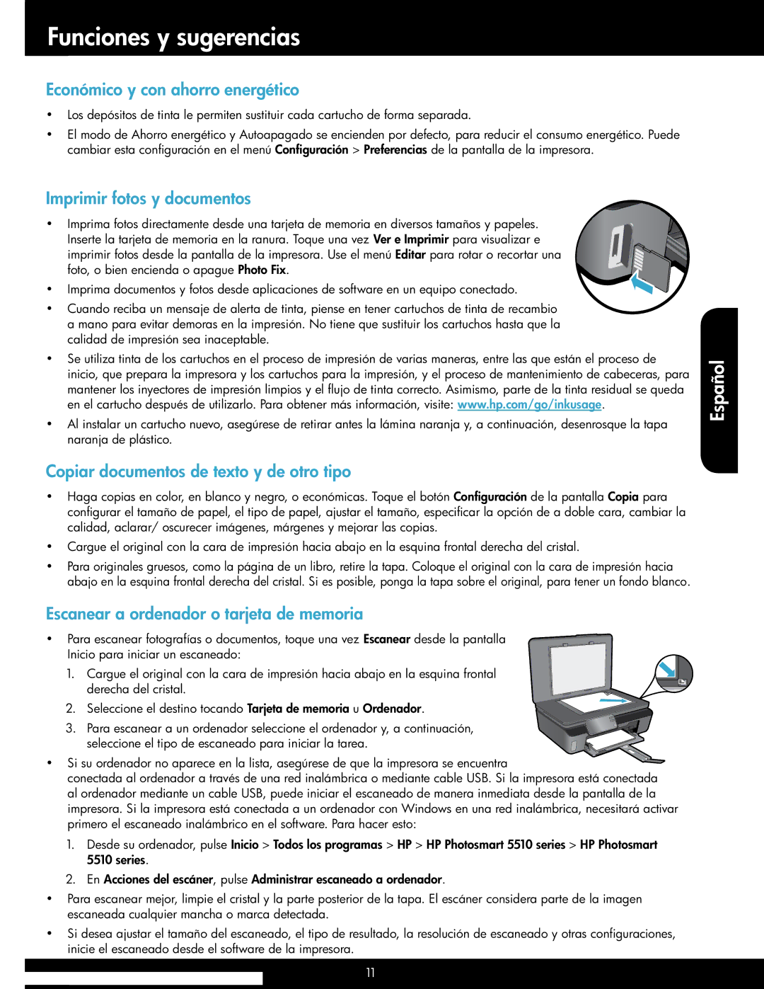 HP 5514 manual Funciones y sugerencias, Económico y con ahorro energético, Imprimir fotos y documentos 