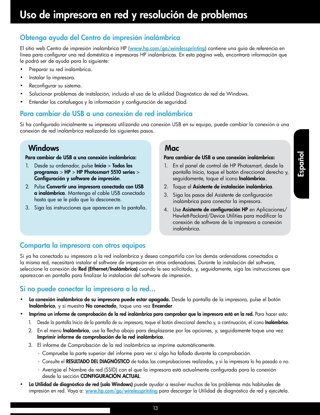 HP 5514 manual Uso de impresora en red y resolución de problemas, Obtenga ayuda del Centro de impresión inalámbrica 