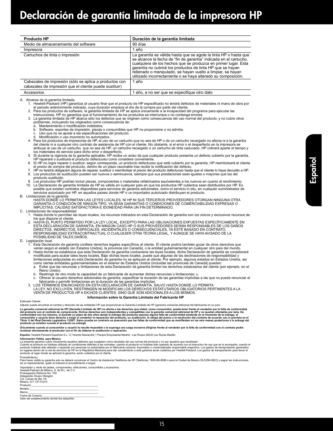 HP 5514 manual Declaración de garantía limitada de la impresora HP, Producto HP Duración de la garantía limitada 