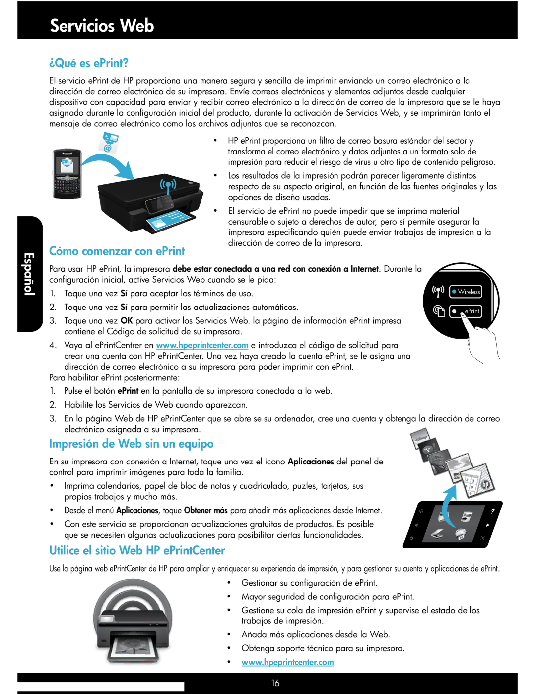 HP 5514 manual Servicios Web, ¿Qué es ePrint?, Cómo comenzar con ePrint, Impresión de Web sin un equipo 