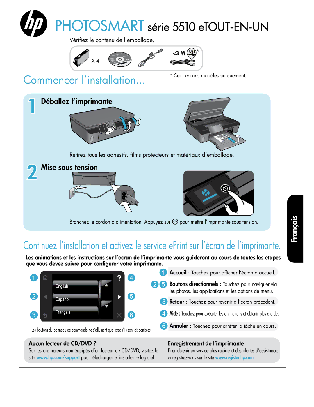 HP 5514 manual Vérifiez le contenu de l’emballage, Aucun lecteur de CD/DVD ? Enregistrement de l’imprimante 