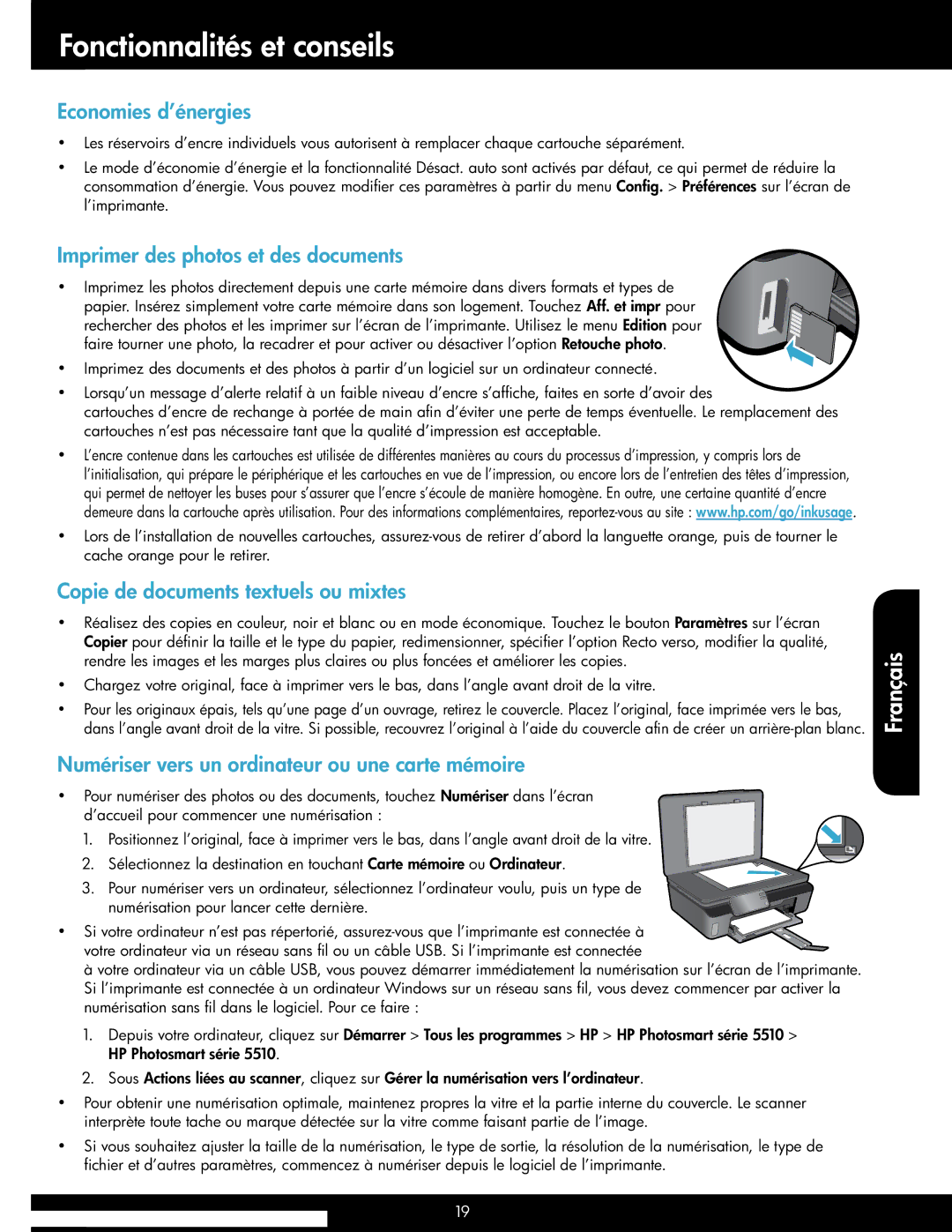 HP 5514 manual Fonctionnalités et conseils, Economies d’énergies, Imprimer des photos et des documents 