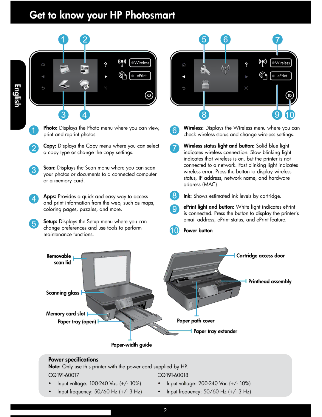 HP 5514 manual Get to know your HP Photosmart, Power specifications, Paper-width guide, Power button Cartridge access door 