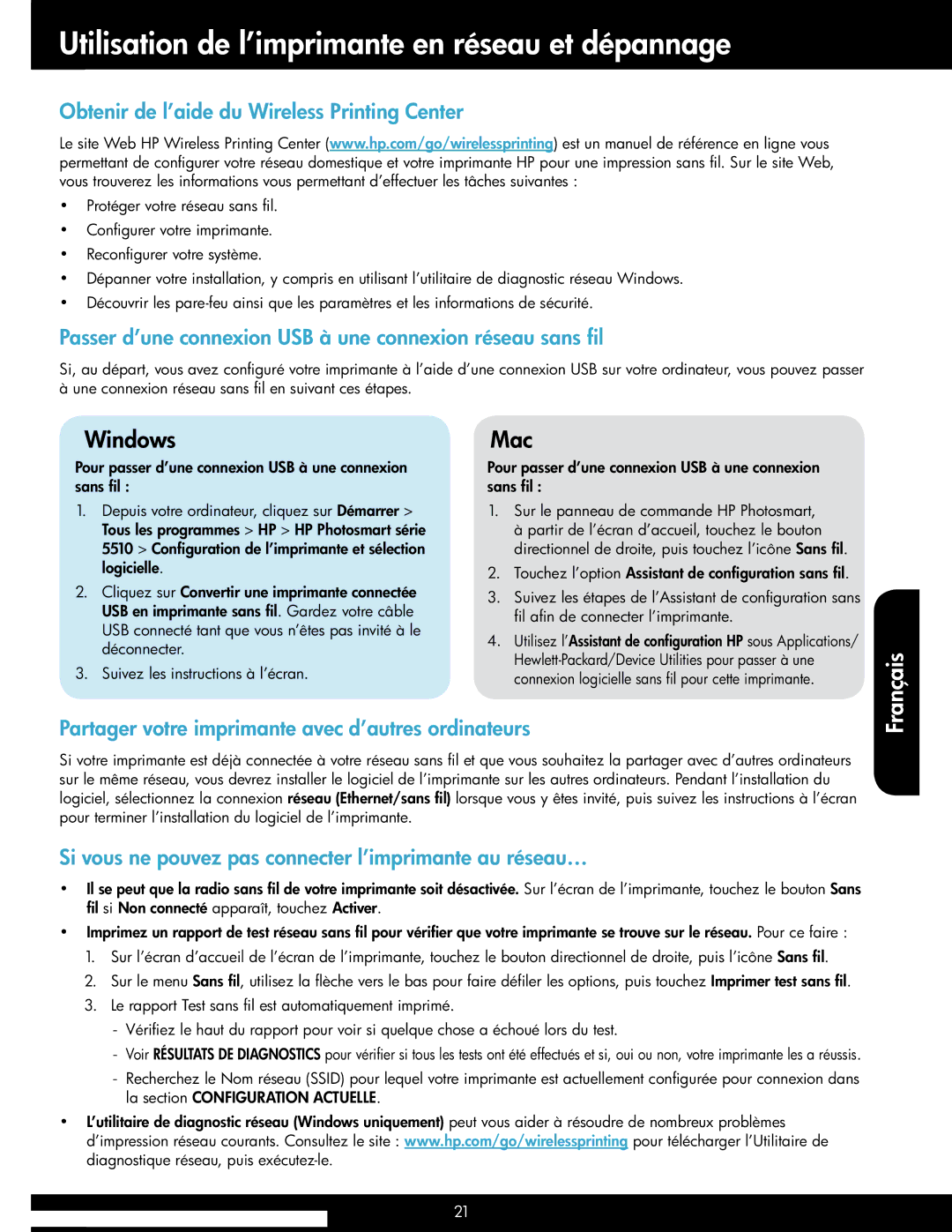 HP 5514 manual Utilisation de l’imprimante en réseau et dépannage, Obtenir de l’aide du Wireless Printing Center 