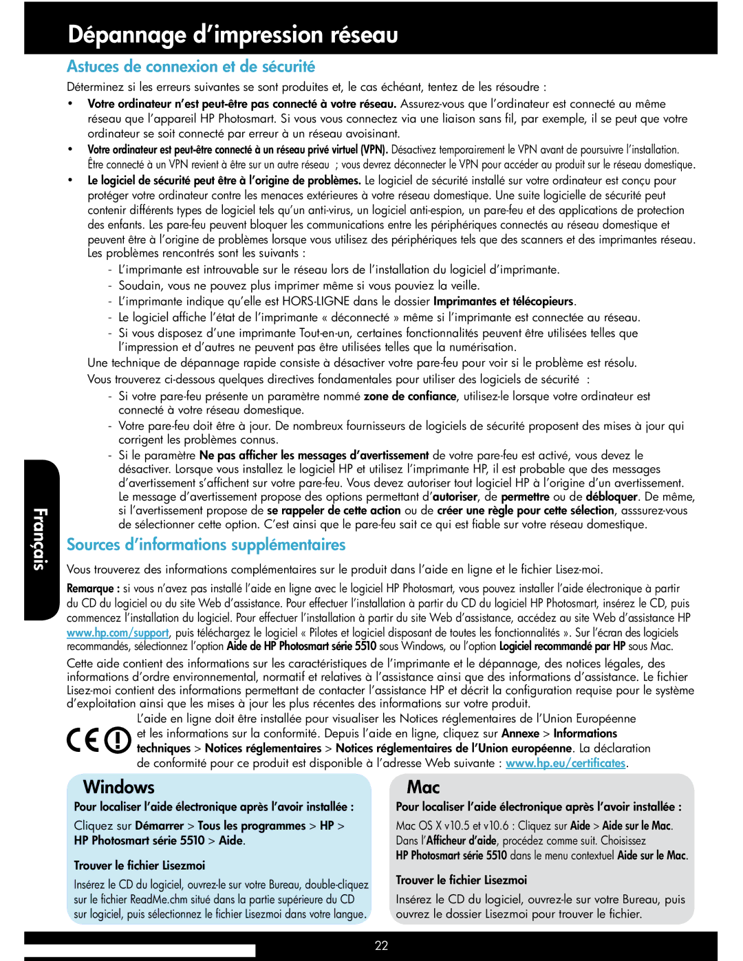 HP 5514 manual Dépannage d’impression réseau, Astuces de connexion et de sécurité, Sources d’informations supplémentaires 