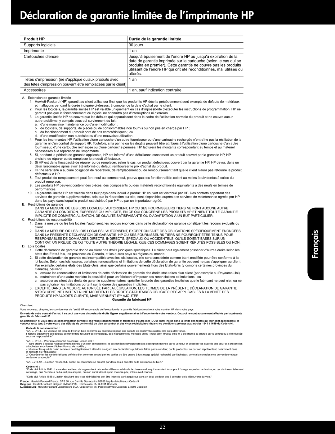 HP 5514 manual Déclaration de garantie limitée de l’imprimante HP, Produit HP Durée de la garantie limitée 