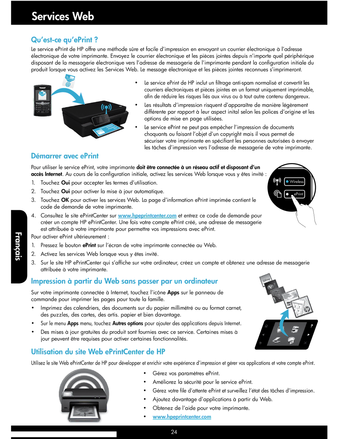 HP 5514 manual Services Web, Qu’est-ce qu’ePrint ?, Démarrer avec ePrint, Utilisation du site Web ePrintCenter de HP 