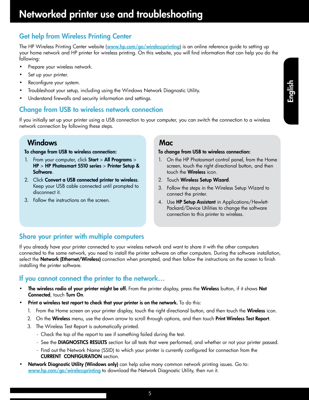 HP 5514 manual Networked printer use and troubleshooting, Get help from Wireless Printing Center 