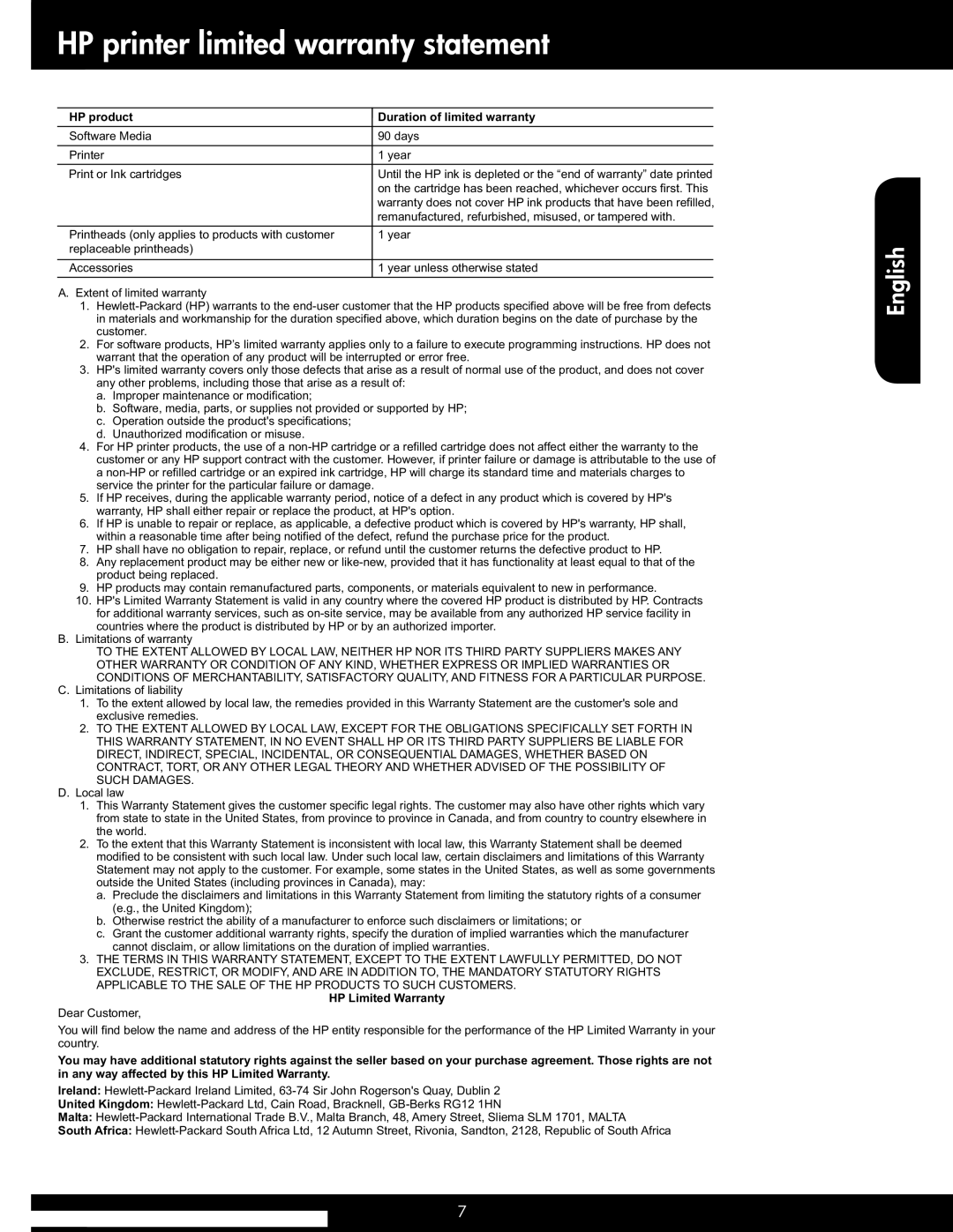 HP 5514 manual HP printer limited warranty statement, HP product Duration of limited warranty 