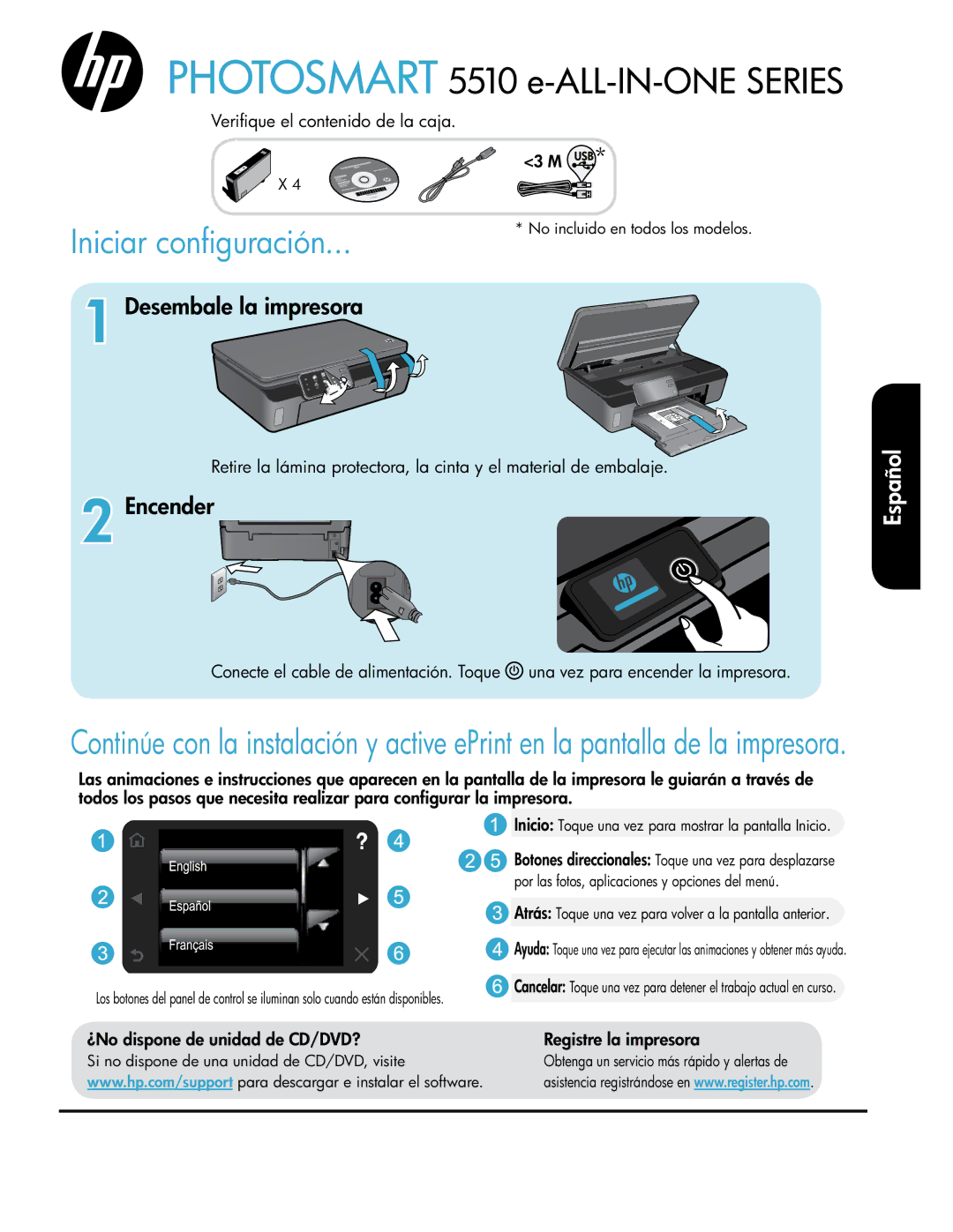 HP 5514 manual Verifique el contenido de la caja, ¿No dispone de unidad de CD/DVD? Registre la impresora 