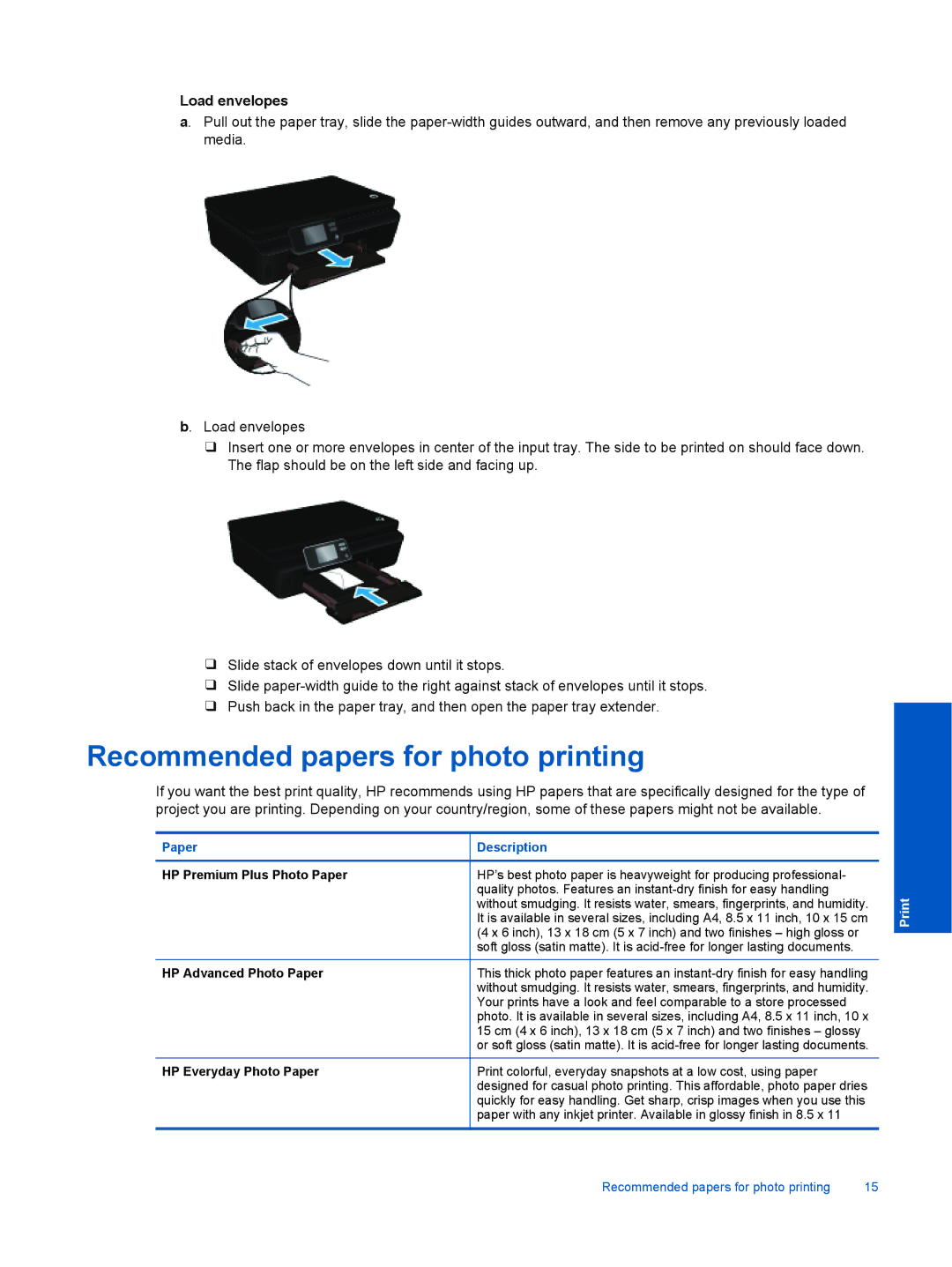 HP 5520, 5522, 5525 manual Recommended papers for photo printing, Load envelopes 