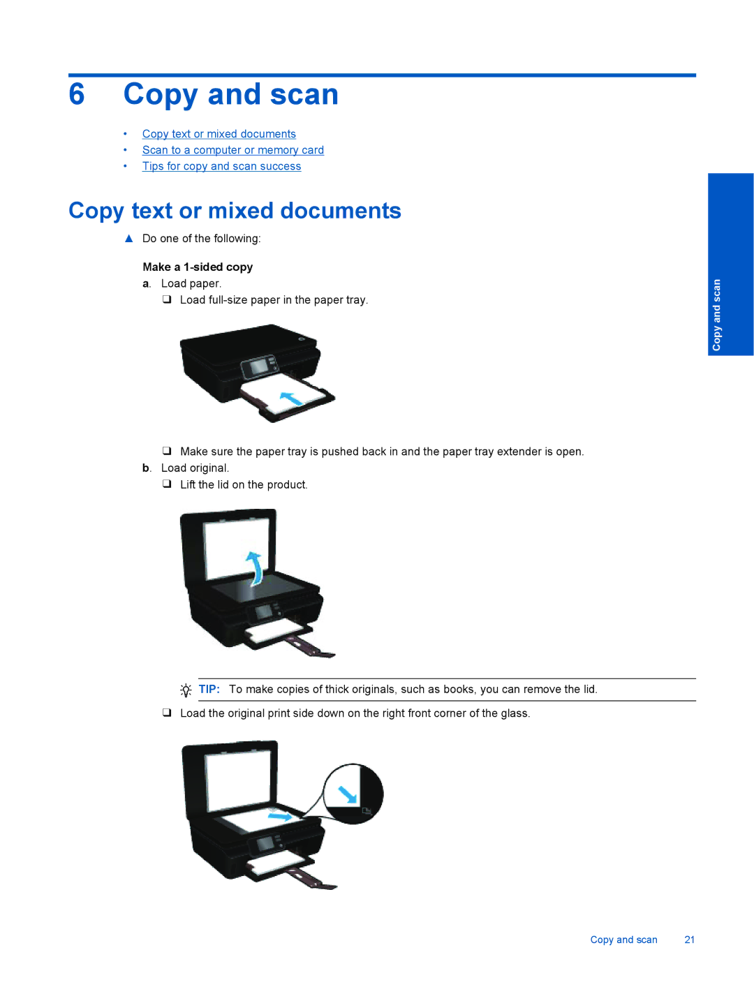 HP 5520, 5522, 5525 manual Copy and scan, Copy text or mixed documents, Make a 1-sided copy a. Load paper 