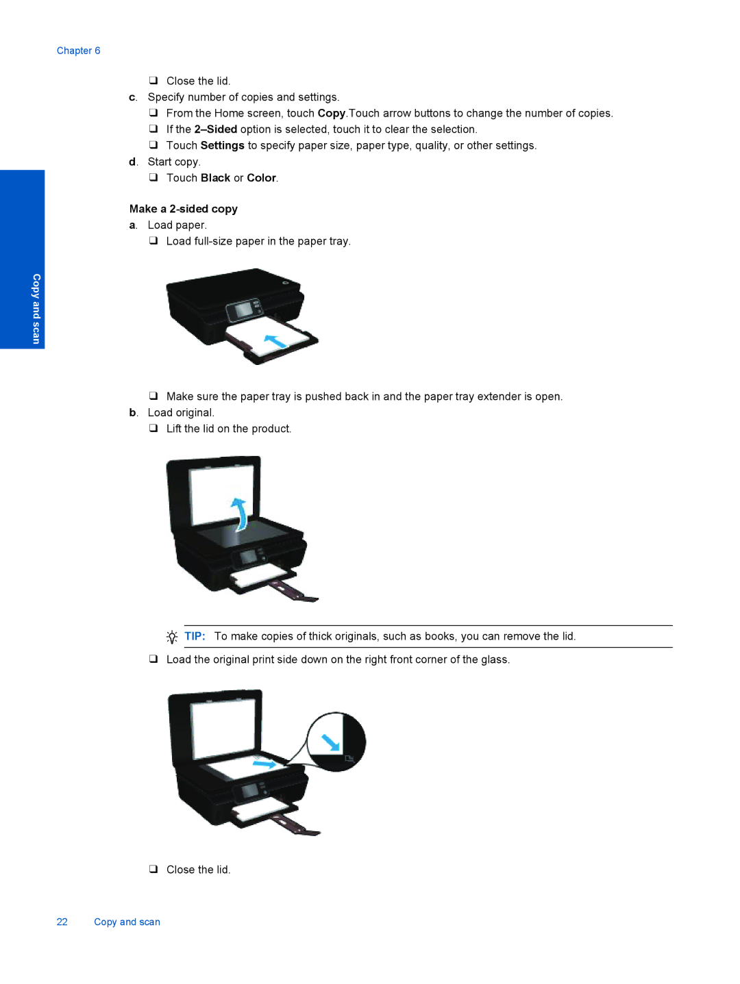 HP 5522, 5525, 5520 manual Touch Black or Color Make a 2-sided copy a. Load paper 