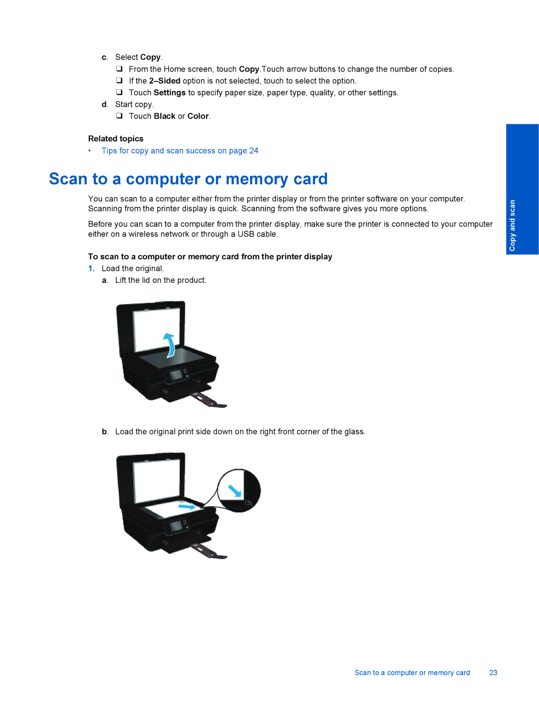 HP 5525, 5522, 5520 manual Scan to a computer or memory card, Touch Black or Color Related topics 