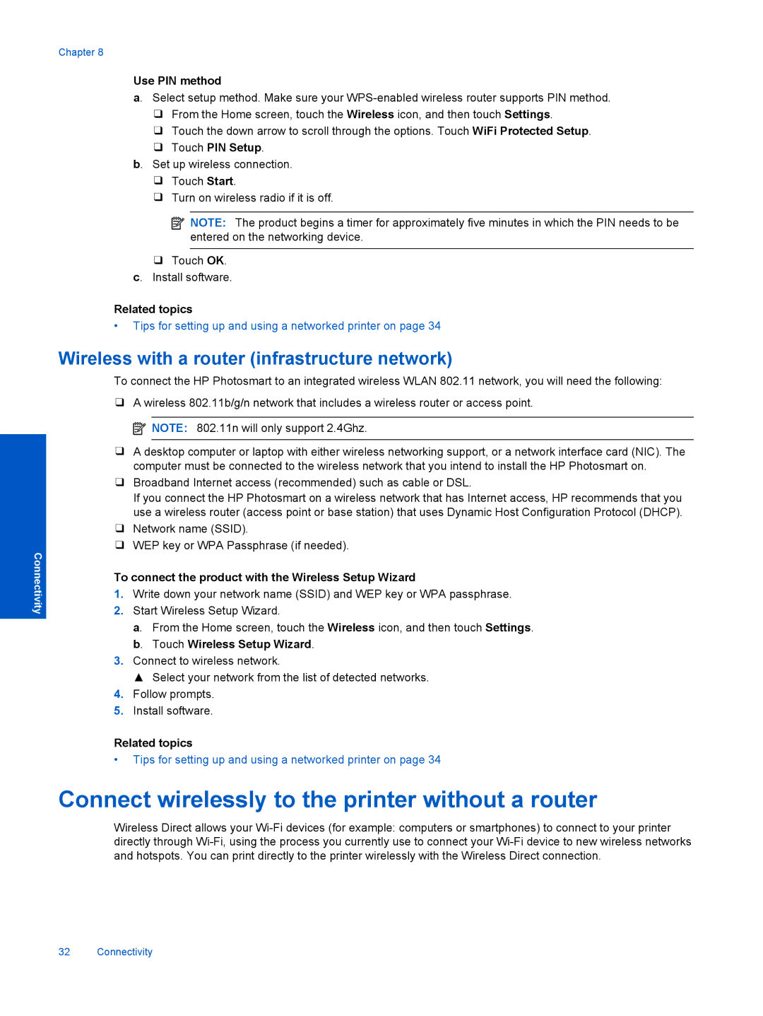 HP 5525, 5522, 5520 manual Connect wirelessly to the printer without a router, Use PIN method, Touch PIN Setup 