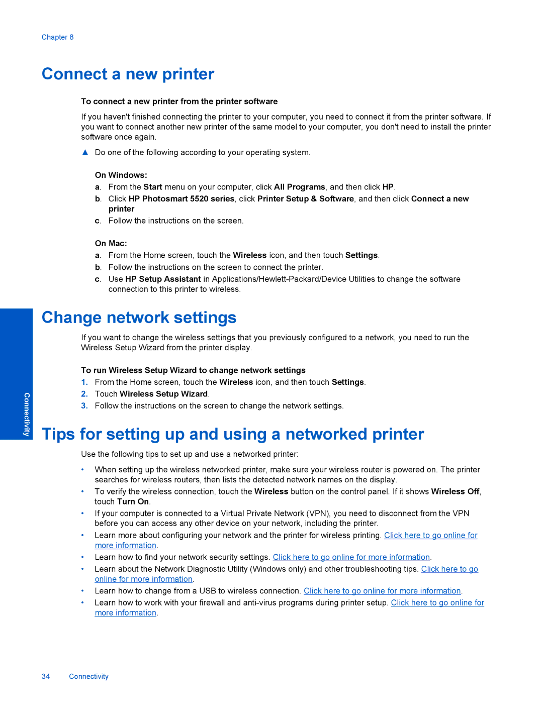 HP 5522, 5525, 5520 manual Connect a new printer, Change network settings, Tips for setting up and using a networked printer 