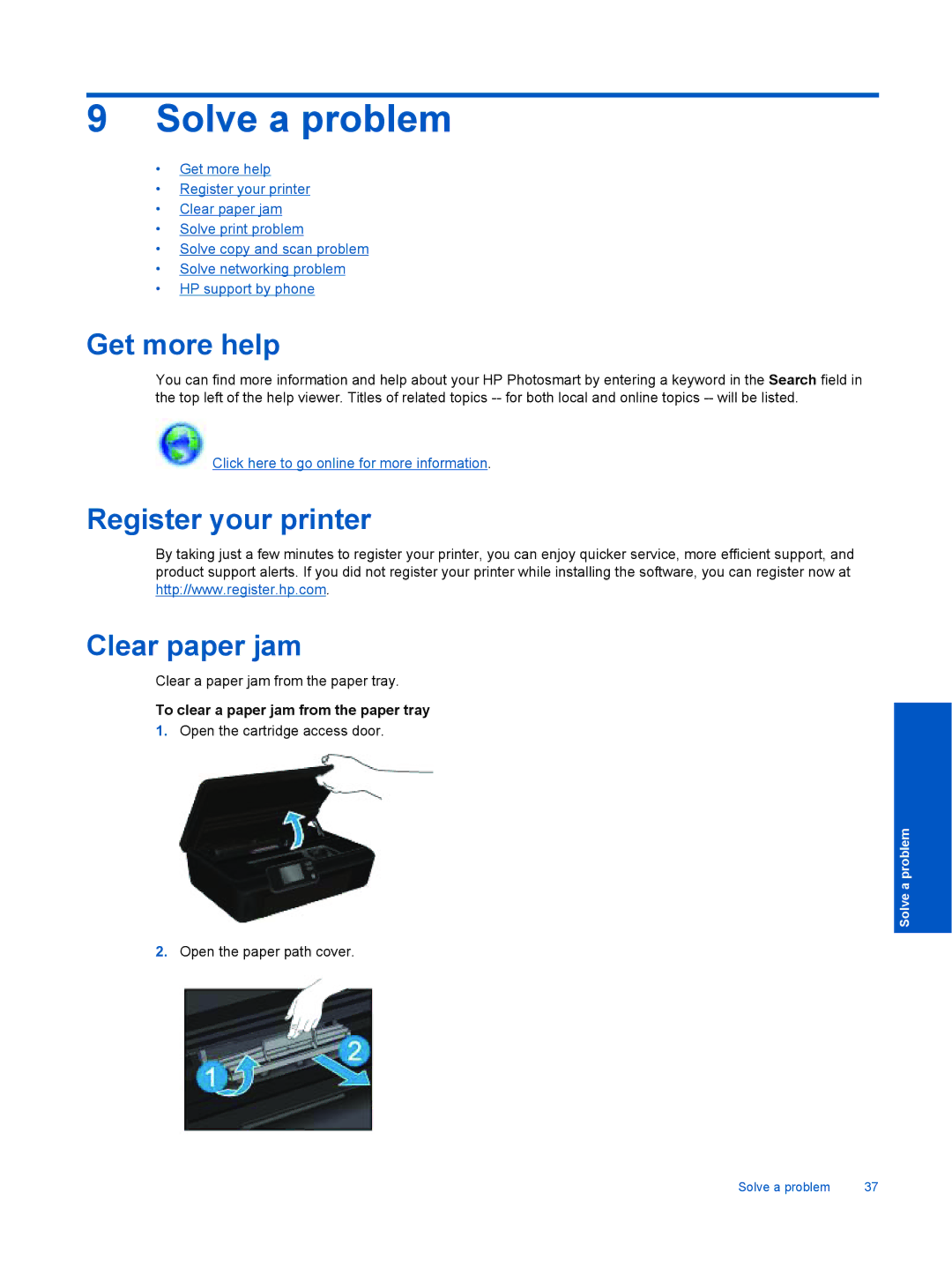 HP 5522 Solve a problem, Get more help, Register your printer Clear paper jam, To clear a paper jam from the paper tray 