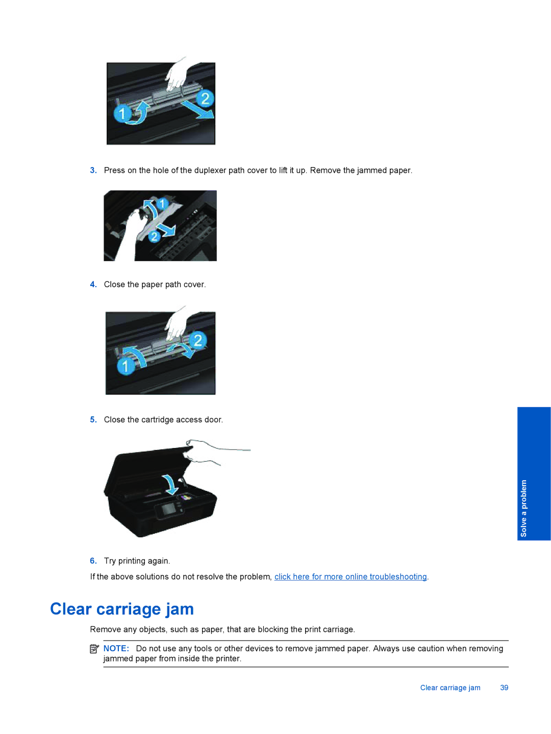 HP 5520, 5522, 5525 manual Clear carriage jam 