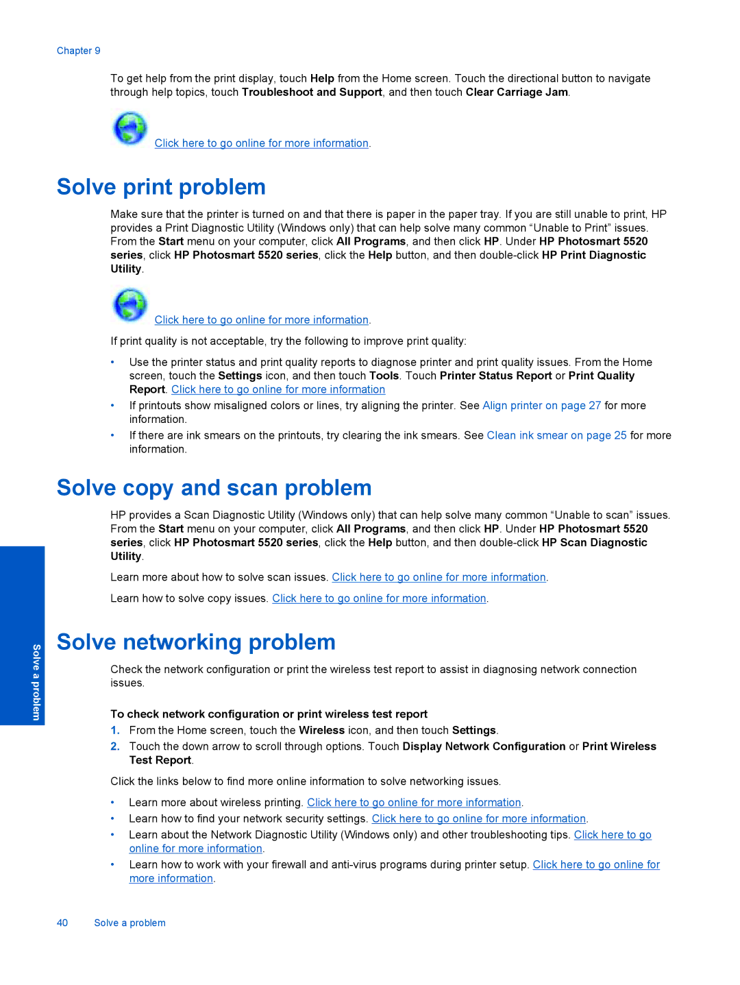 HP 5522, 5525, 5520 manual Solve print problem, Solve copy and scan problem, Solve networking problem 