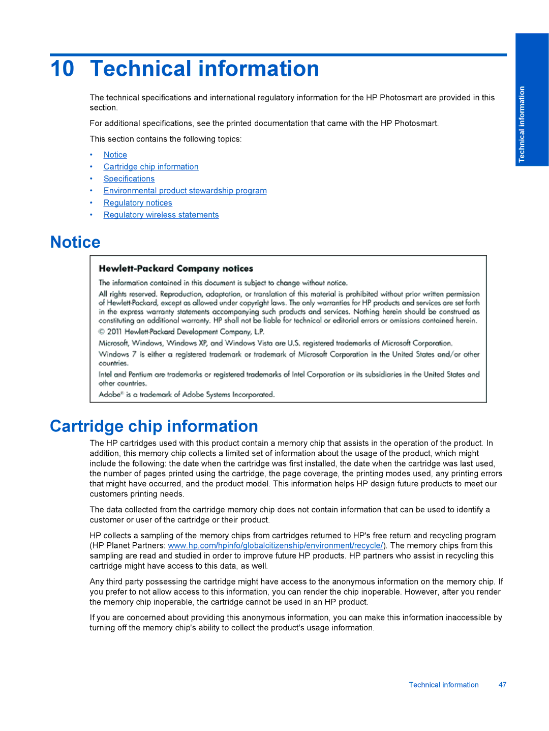 HP 5525, 5522, 5520 manual Technical information, Cartridge chip information 