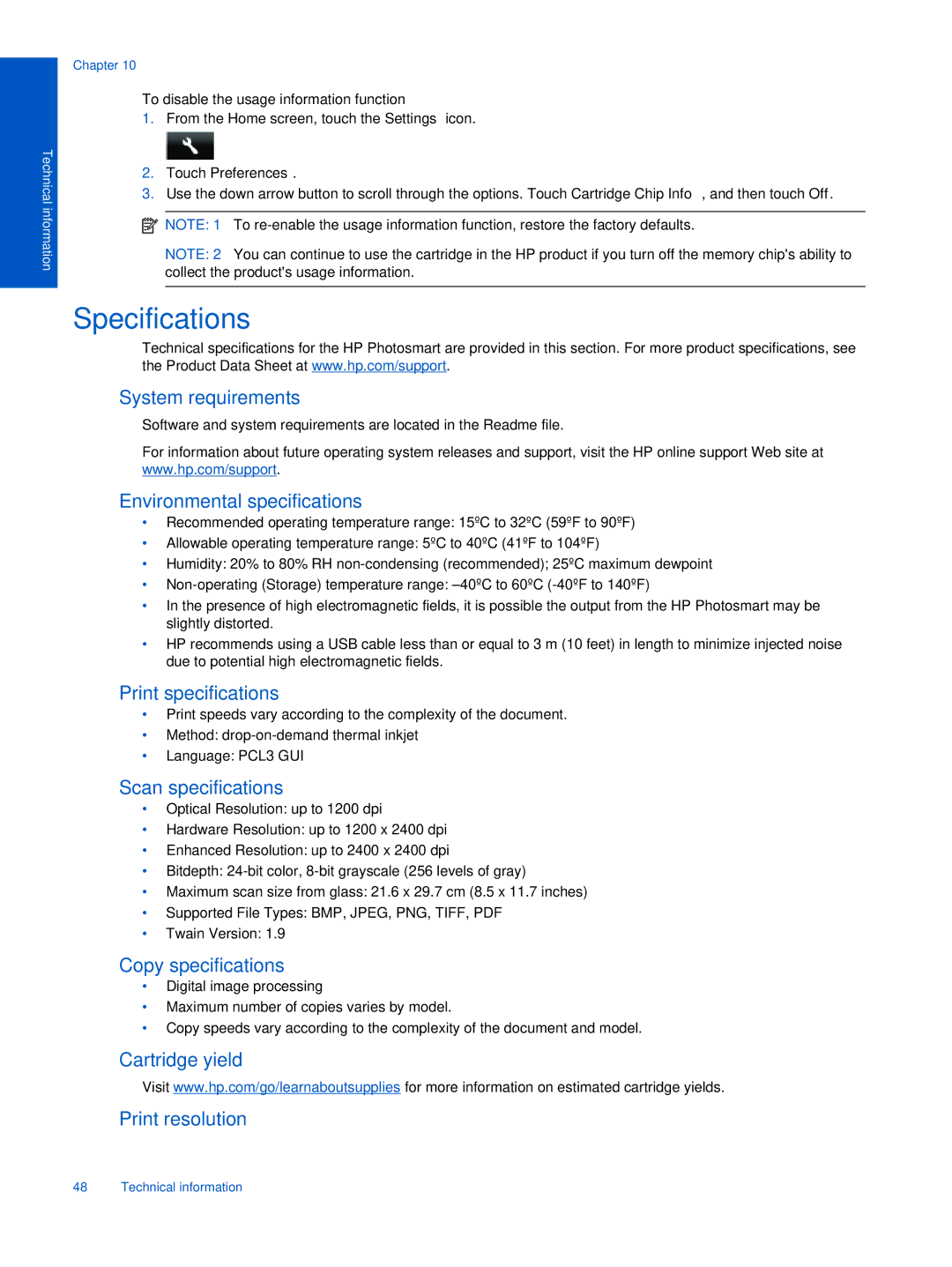 HP 5520, 5522, 5525 manual Specifications, To disable the usage information function, Touch Preferences 