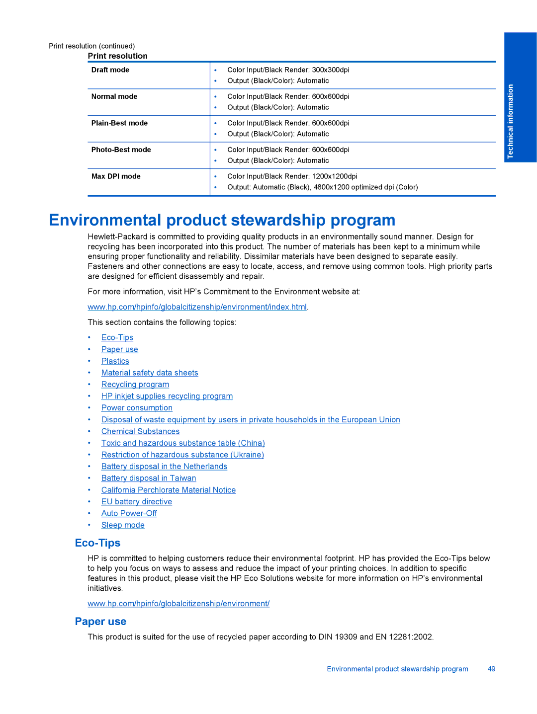 HP 5522, 5525, 5520 manual Environmental product stewardship program, Print resolution 