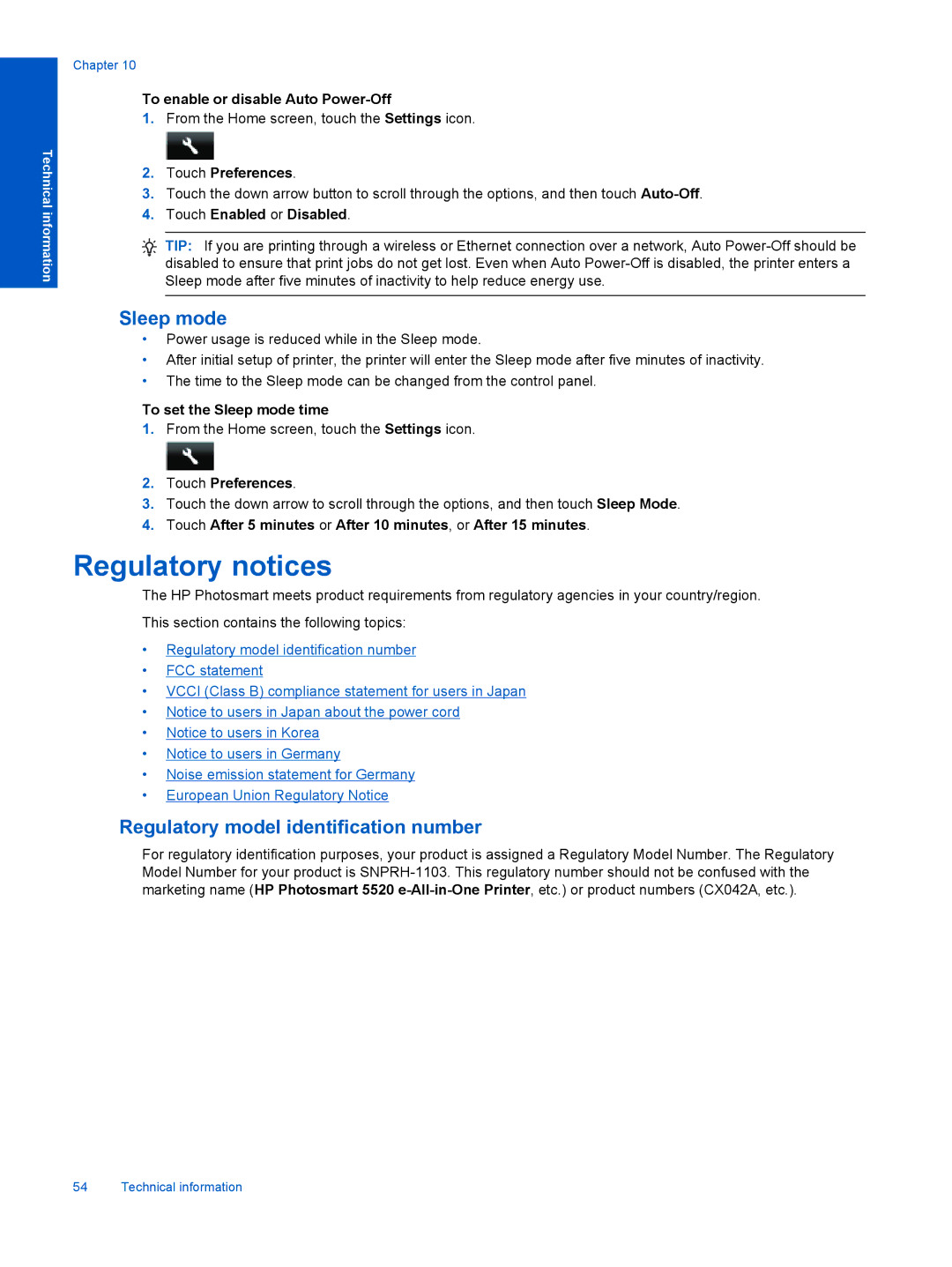 HP 5520 Regulatory notices, To enable or disable Auto Power-Off, Touch Enabled or Disabled, To set the Sleep mode time 