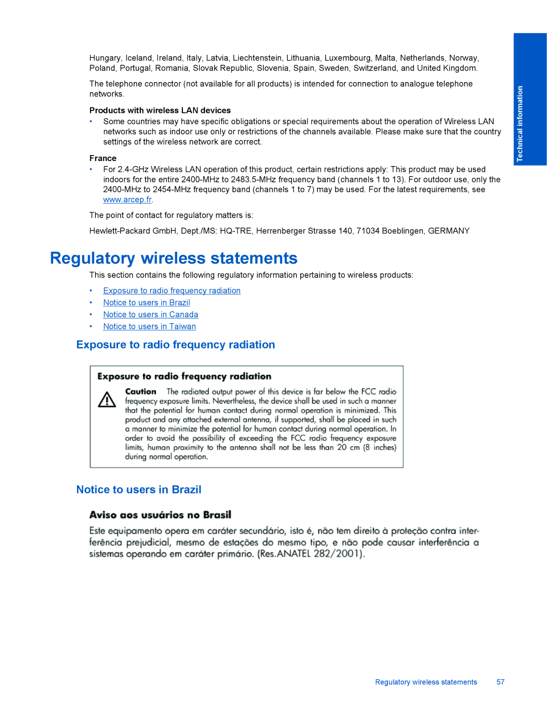 HP 5520, 5522, 5525 manual Regulatory wireless statements, Products with wireless LAN devices, France 