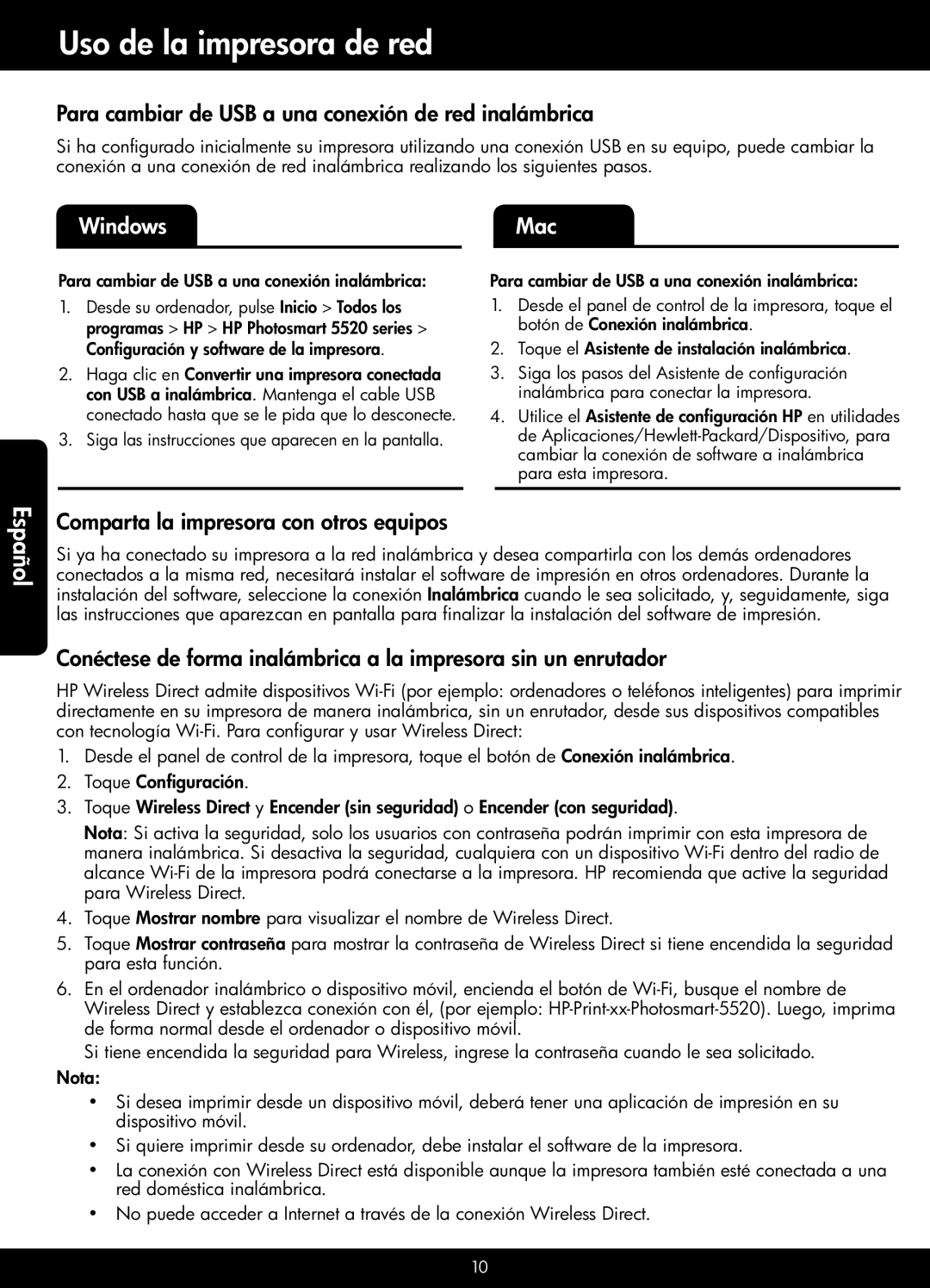 HP 5525, 5522, 5520 manual Uso de la impresora de red, Para cambiar de USB a una conexión de red inalámbrica 