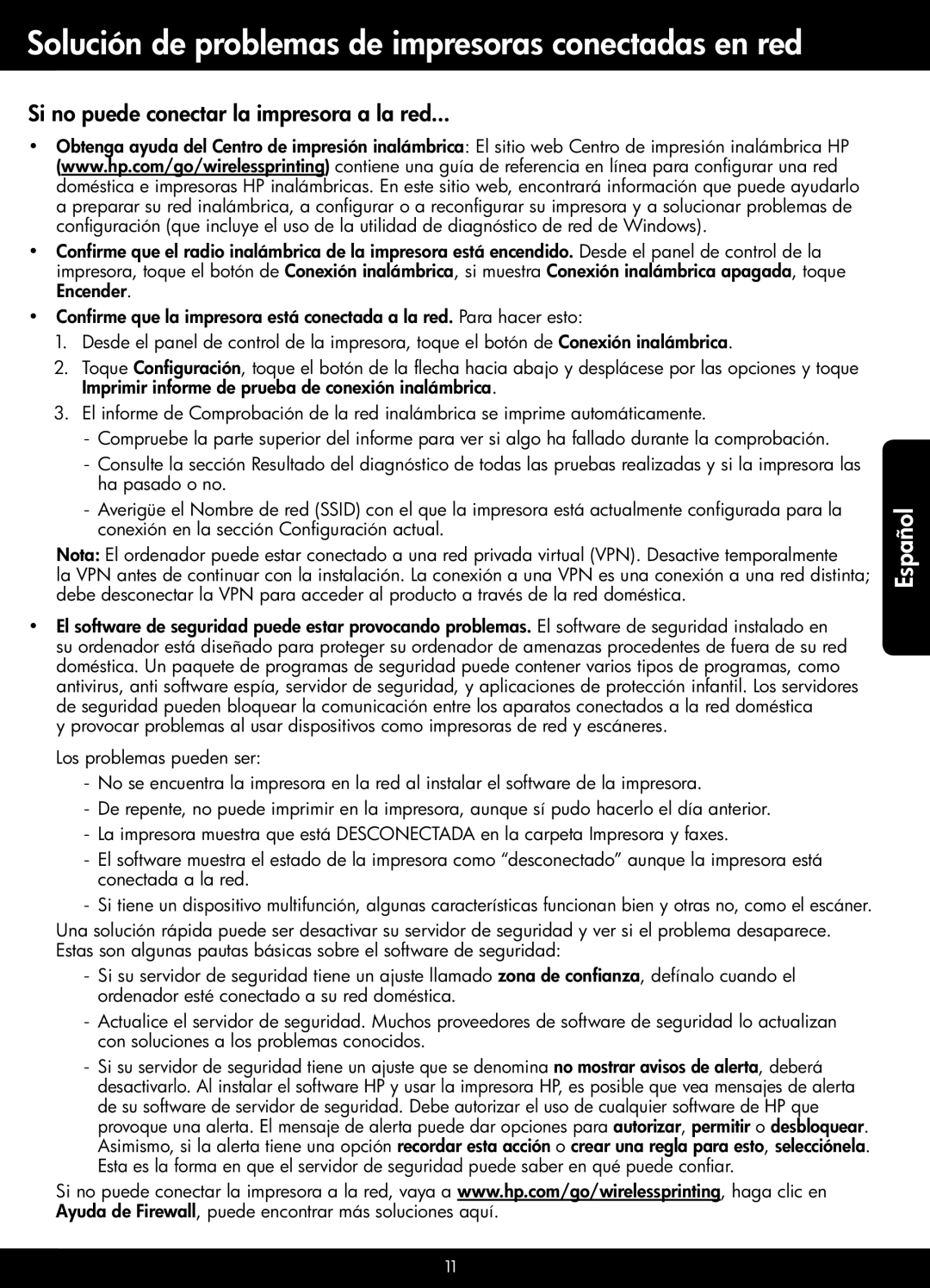 HP 5520, 5522, 5525 manual Solución de problemas de impresoras conectadas en red, Si no puede conectar la impresora a la red 