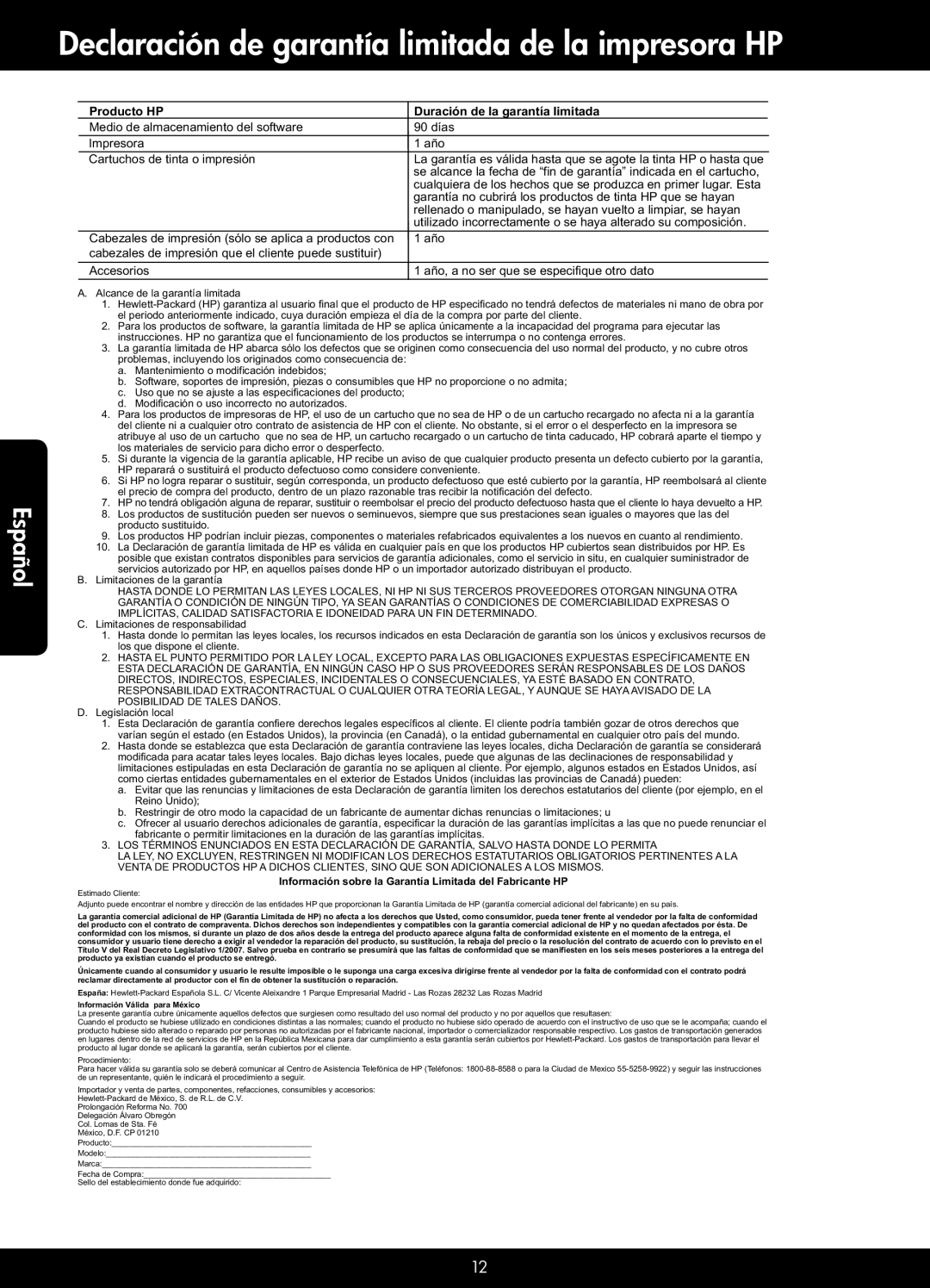 HP 5522, 5525, 5520 manual Declaración de garantía limitada de la impresora HP, Producto HP Duración de la garantía limitada 