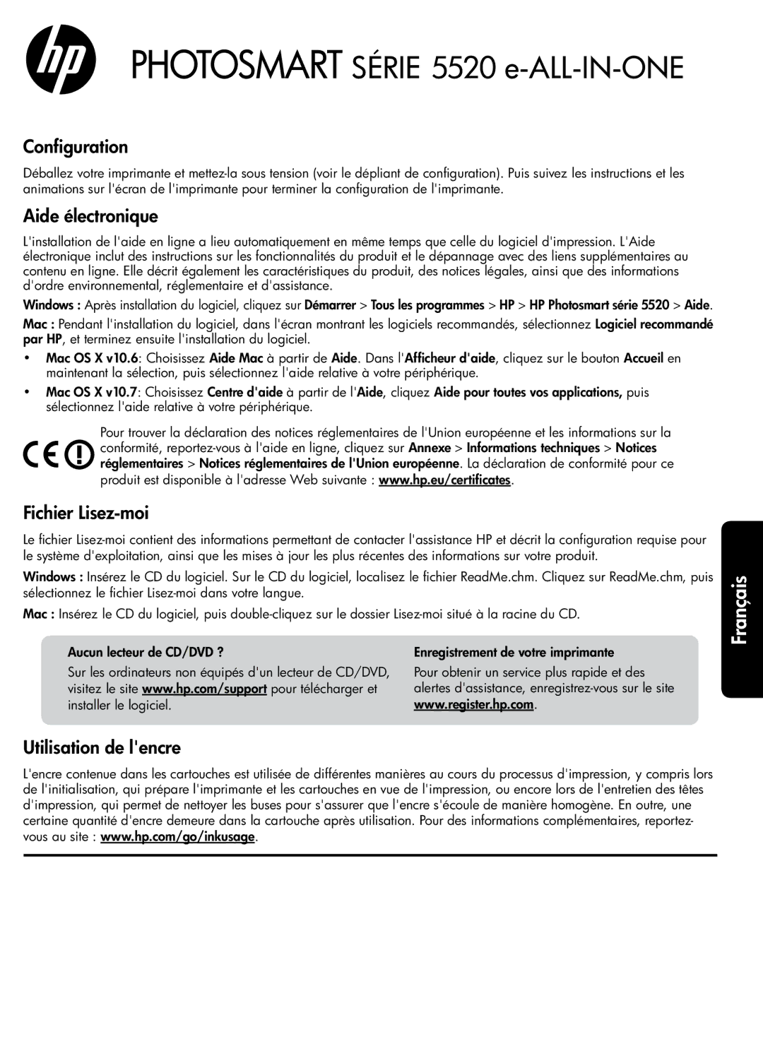 HP 5525, 5522, 5520 manual Configuration, Aide électronique, Fichier Lisez-moi, Utilisation de lencre 