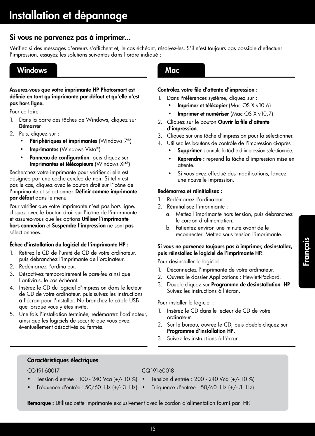 HP 5522, 5525, 5520 manual Installation et dépannage, Si vous ne parvenez pas à imprimer 