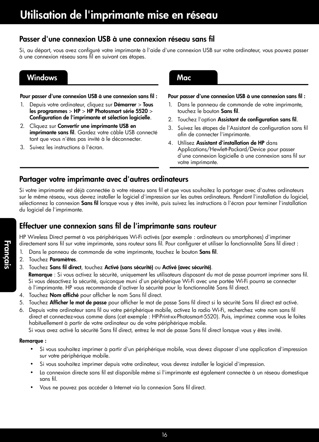 HP 5525, 5522, 5520 Utilisation de limprimante mise en réseau, Passer dune connexion USB à une connexion réseau sans fil 