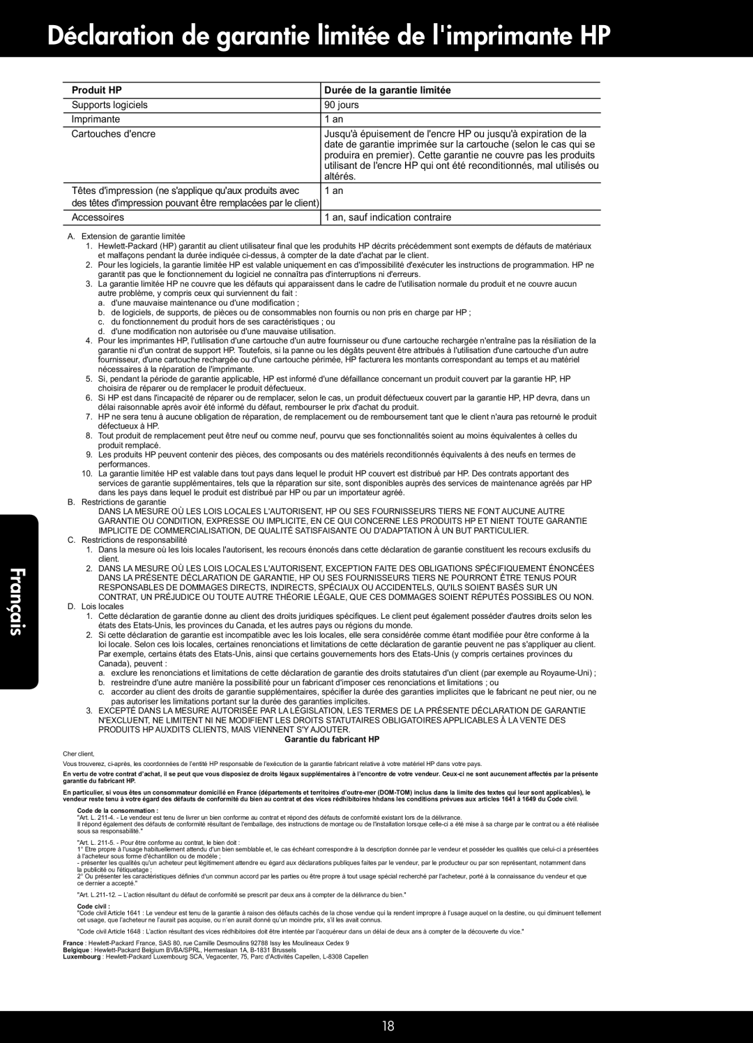 HP 5522, 5525, 5520 manual Déclaration de garantie limitée de limprimante HP, Produit HP Durée de la garantie limitée 